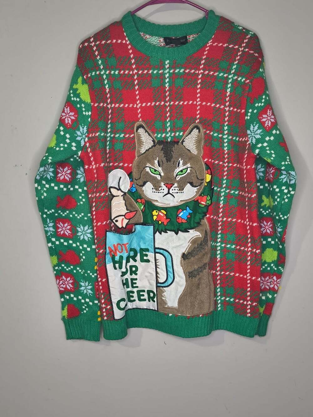 Blizzard Bay Sweater Mens Medium Plaid Cat Not Here For The Cheer Ugly Christmas